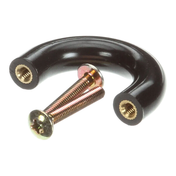 A black curved knob with two threaded holes and two accompanying screws.