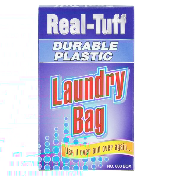 A case of 144 Real Tuff laundry bags with blue and white text.