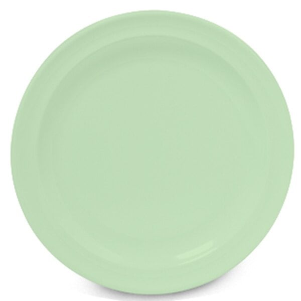 A close-up of a light green GET SuperMel plate with a white border.