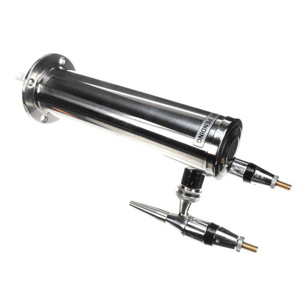 A stainless steel nitro tower with two faucets for dispensing beverages.