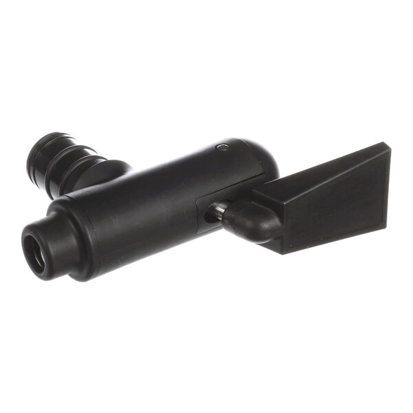 A black molded DDV assembly component with a rectangular lever and cylindrical body.