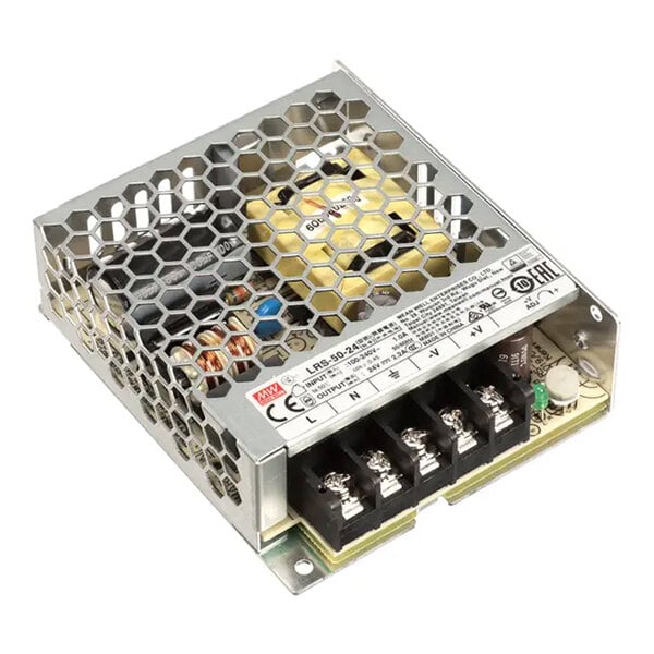 A metal-encased power supply unit with a honeycomb ventilation design and multiple terminal connections.
