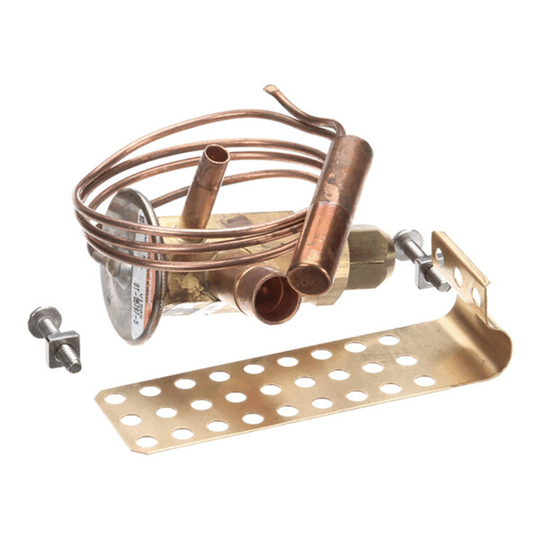 An expansion valve kit with copper tubing, a brass mounting bracket, and screws.