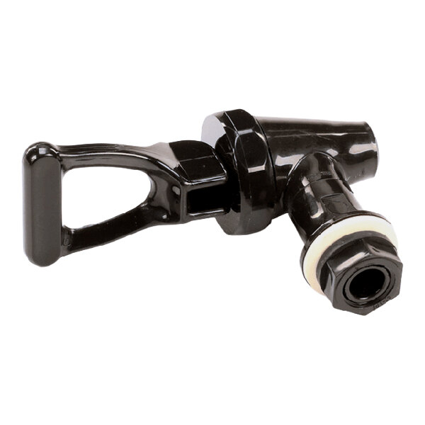 A black plastic faucet with a handle and threaded connector, typically used for beverage dispensers or food service equipment.