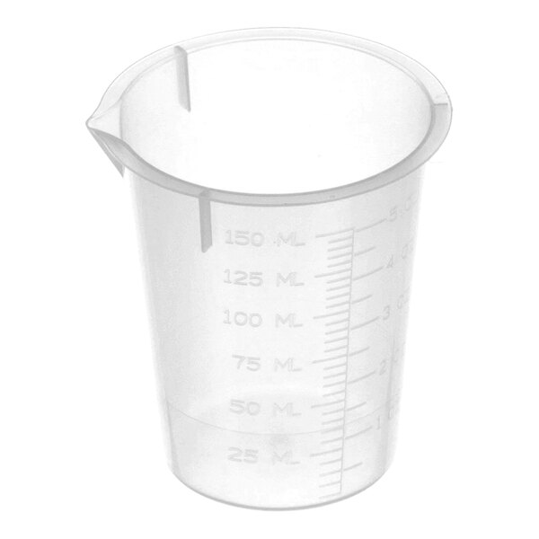 A clear plastic beaker with measurement markings up to 150 milliliters.
