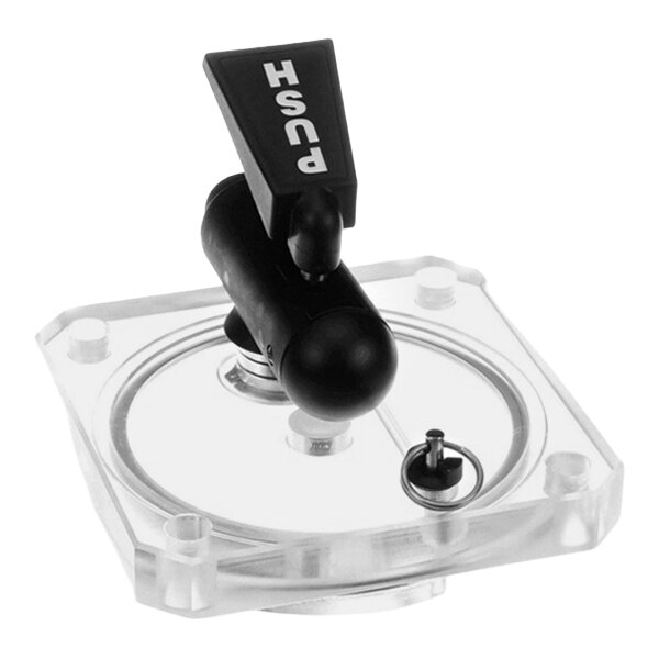 An acrylic face plate assembly with a black push lever and mounting hardware.