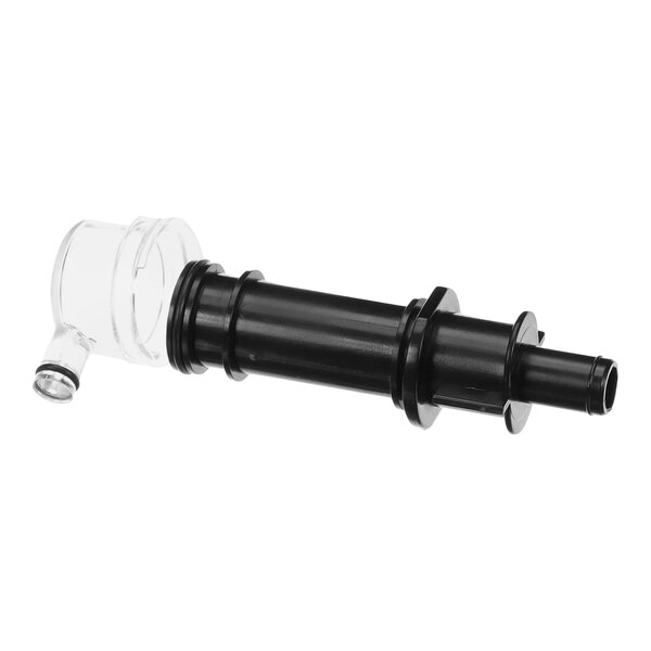 A black and clear plastic dispense nozzle mixing cap with O-ring for a Cornelius beverage dispenser.