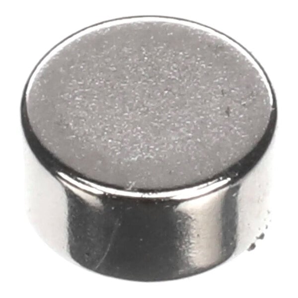 A small, cylindrical metallic magnet with a smooth surface.