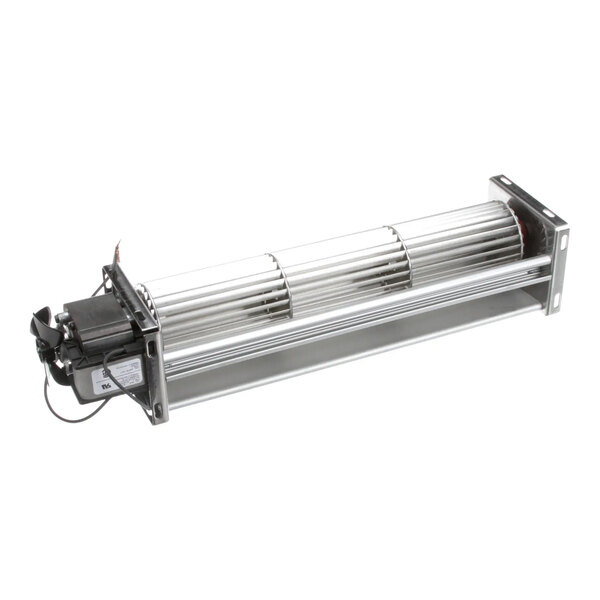 A metal blower assembly with a cylindrical fan and attached motor, designed for 120V operation.