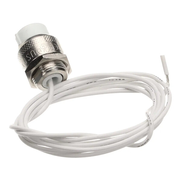 A metal and plastic emitter socket with attached white stripped wires.
