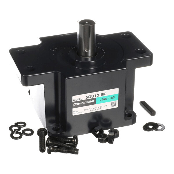 A small gearbox unit with mounting hardware, labeled as a gear head model 5GU12.5K by Oriental Motor.