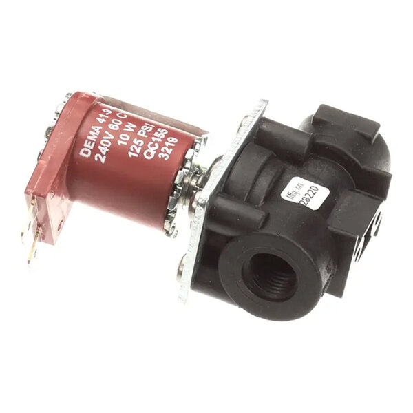 A solenoid water valve with a red coil and black plastic body, used for controlling water flow in appliances.