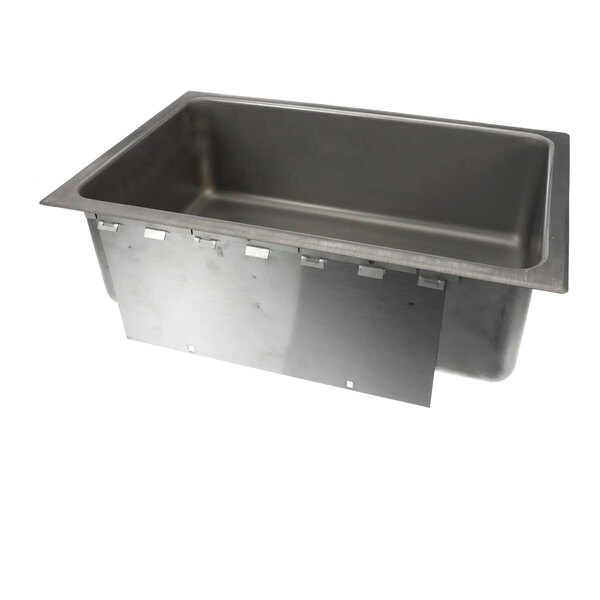 A rectangular stainless steel replacement well with a drain, designed for commercial kitchen use.