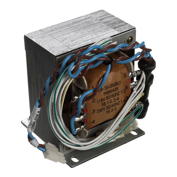 A metal-cased electrical transformer assembly with multiple colored wires attached.