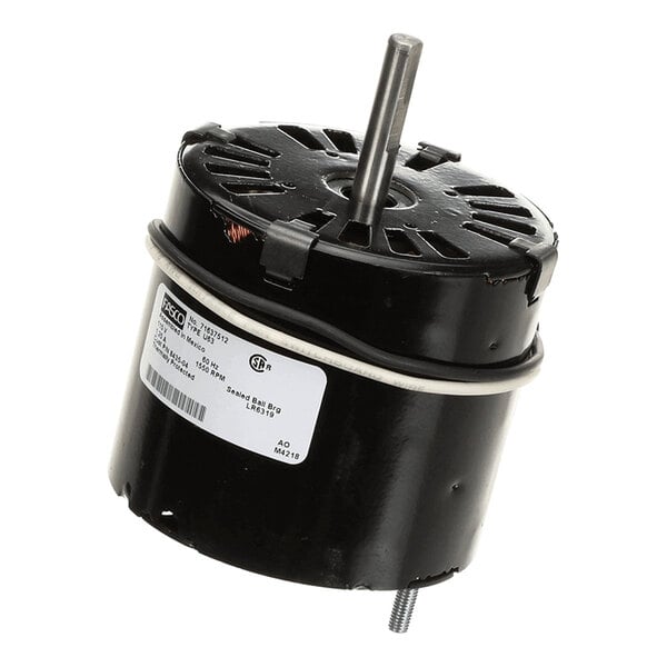 A black cylindrical electric motor with a central shaft and a label, designed for use in EmberGlo equipment.