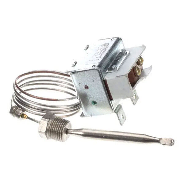 A metal limit control device with a coiled sensor probe and mounting bracket.