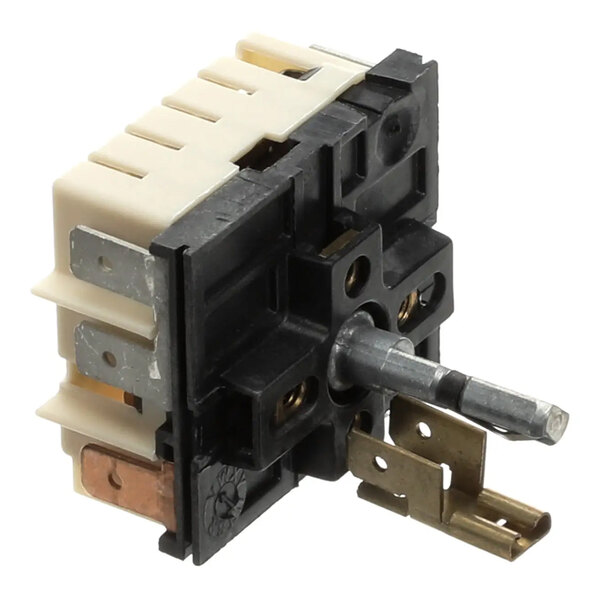 An electrical infinite control switch with a metal shaft and multiple terminal connectors, designed for use in appliances.