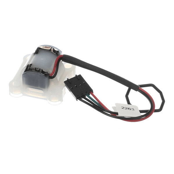 A water meter assembly with attached wiring and connector.