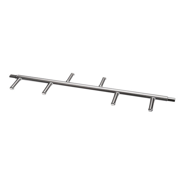 A metal beater bar assembly without blades, featuring a cylindrical rod with several perpendicular support arms.