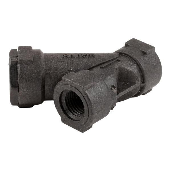 A black metal water strainer fitting with threaded ends.