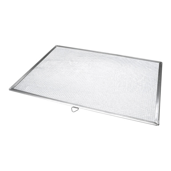 A rectangular metal mesh air filter with a thin frame and a small pull tab on one side.
