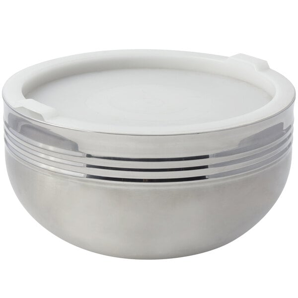 A silver Bon Chef triple wall bowl with a white lid.