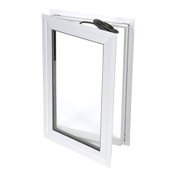 A rectangular white freezer viewport with a glass pane and an attached heating element.