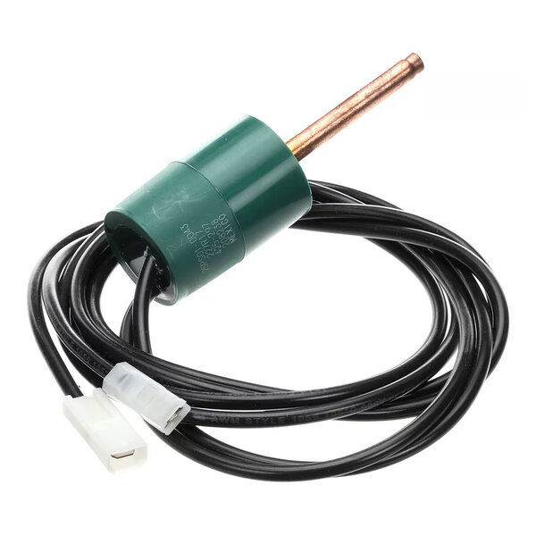 A high pressure cutout switch with a green housing, copper probe, and attached black cable with connectors.