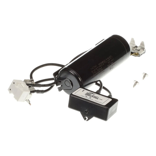 A set of Habco K097385 start components including a capacitor, relay, wiring, and mounting hardware.