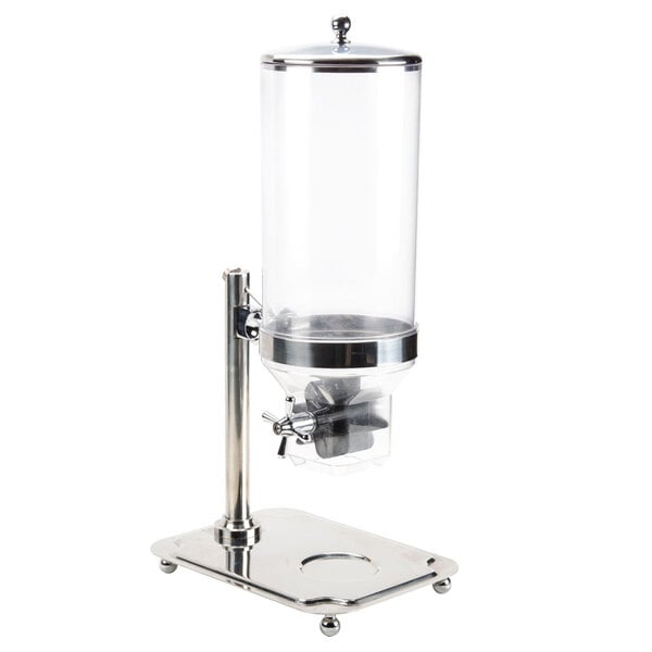 A Bon Chef clear glass cereal dispenser on a metal stand.