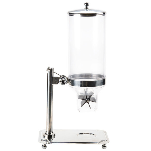 A clear Bon Chef cereal dispenser on a metal stand.