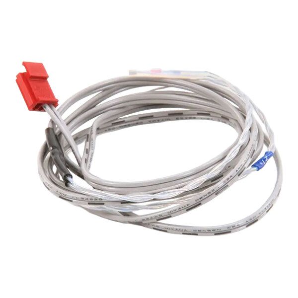 A coiled gray thermistor cable with a red connector, used for temperature sensing in cabinets.