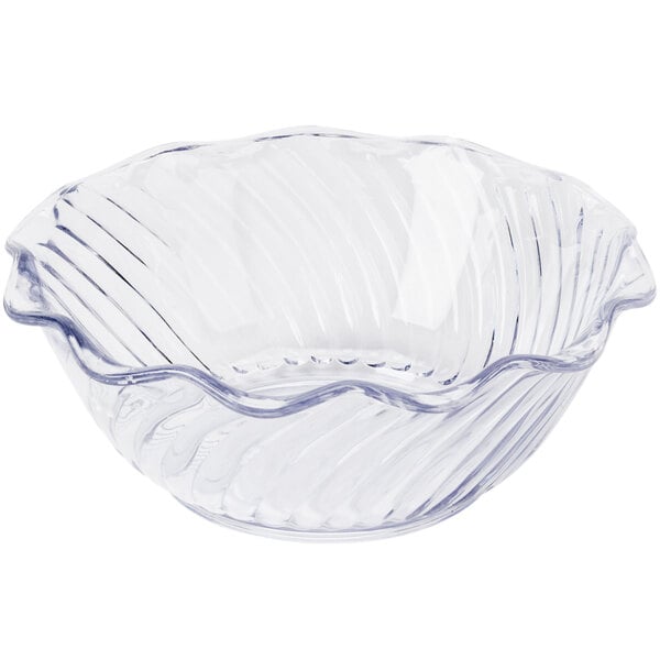 A clear glass Carlisle tulip berry dish with a wavy edge.