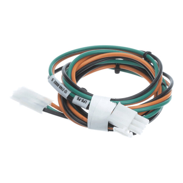 A coiled electrical harness with green, orange, and black wires and white plastic connectors.