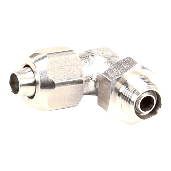 An angled metal elbow fitting for a drain pipe.