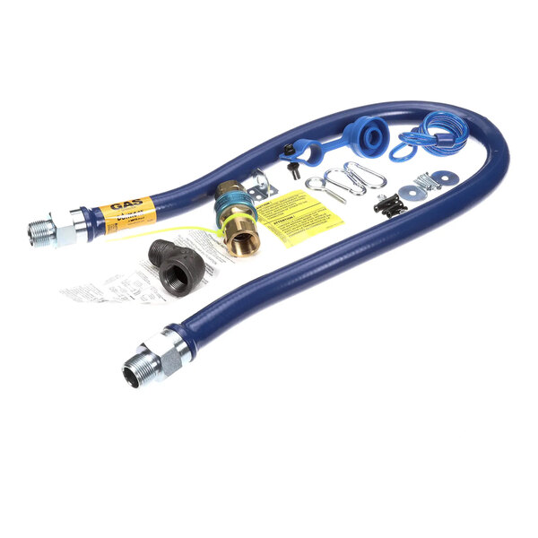 A blue 3/4 inch ID by 48 inch gas connector kit with various fittings and installation hardware.