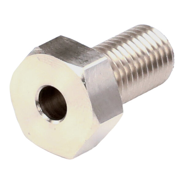 A metal hexagonal screw with a threaded body and a central hole, designed for fan motor applications.
