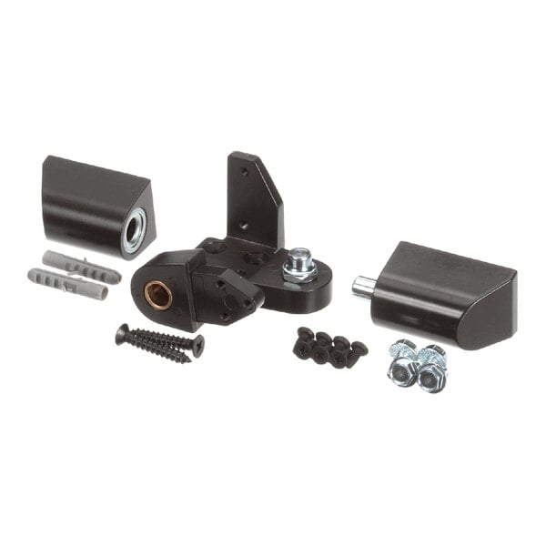 A set of black metal and hardware components for a Jackson OP40LHDU left hinge pivot hinge.