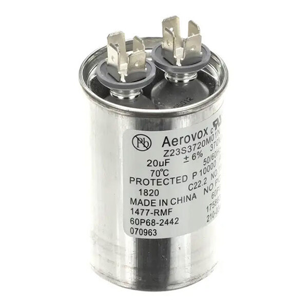 A cylindrical metal run capacitor with dual terminals and a product label, used for electrical applications.
