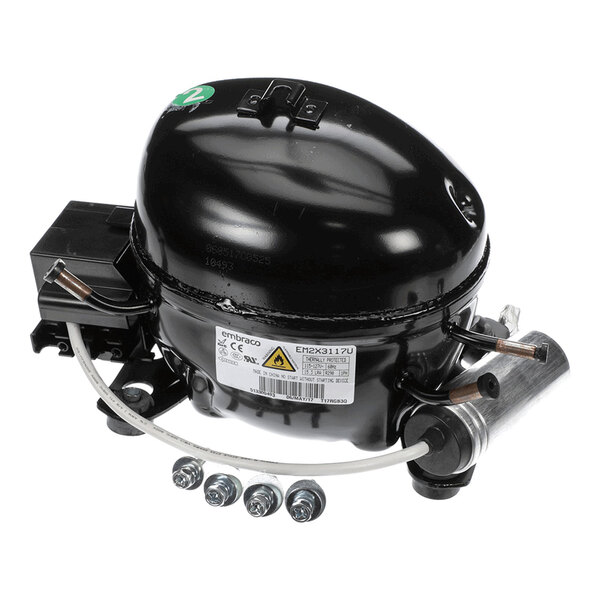 A black Kelvinator Em2X3117U compressor unit with attached components and mounting hardware.