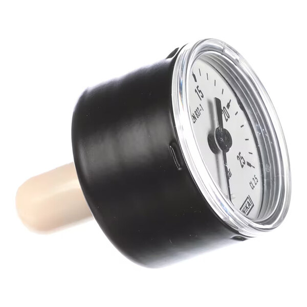 A round pressure gauge with a black casing and a white dial, marked for 0-25 bar measurement.