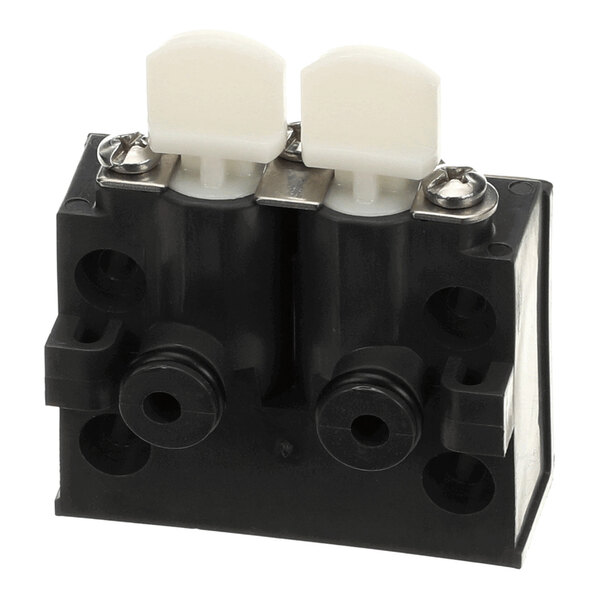 A black and white mounting block assembly component for a Lancer beverage dispenser.