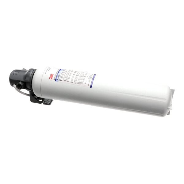 A cylindrical water system filter with a white body and black cap, labeled with product information.