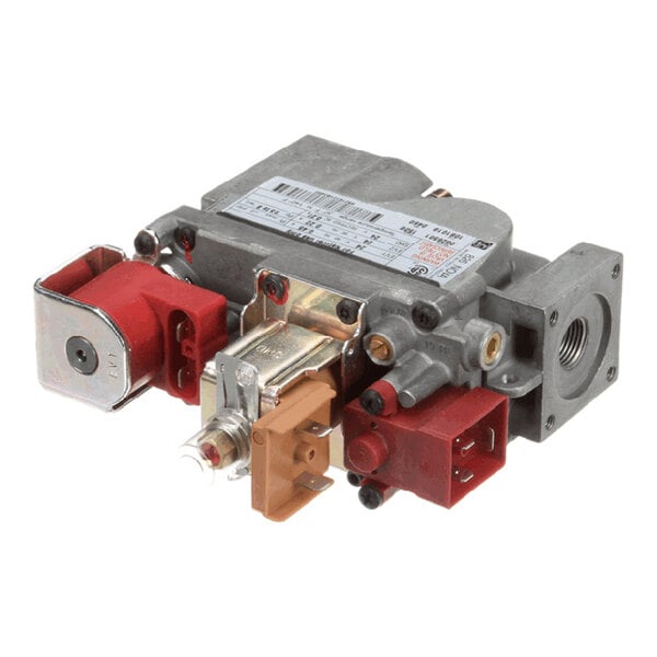 A commercial-grade Hi/Lo natural gas valve for kitchen equipment, featuring multiple connectors and control components.