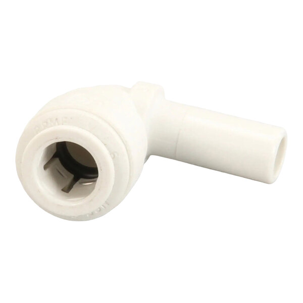 An elbow-shaped plastic pipe fitting with a 3/8 inch connection.
