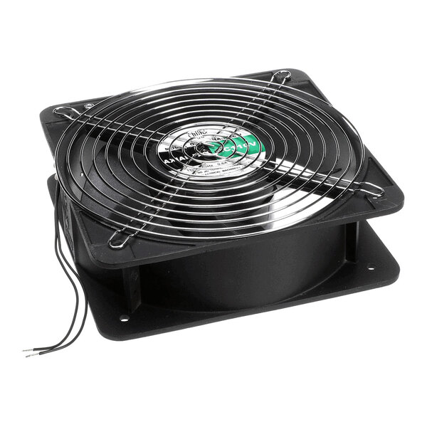 A square industrial cooling fan with a metal finger guard and attached wires.