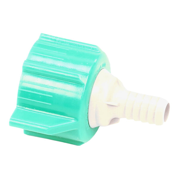 A plastic bib connector with a green cap and a 3/8 inch barbed fitting.