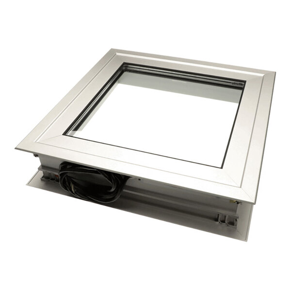 A square 14x14 inch heated glass viewport for a cooler, with a metal frame and an attached power cord.