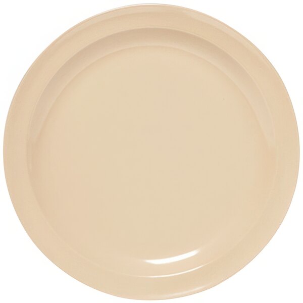 A tan SuperMel plate with a white rim.