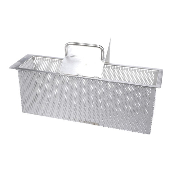 A rectangular perforated metal basket with a handle, typically used for commercial kitchen applications.